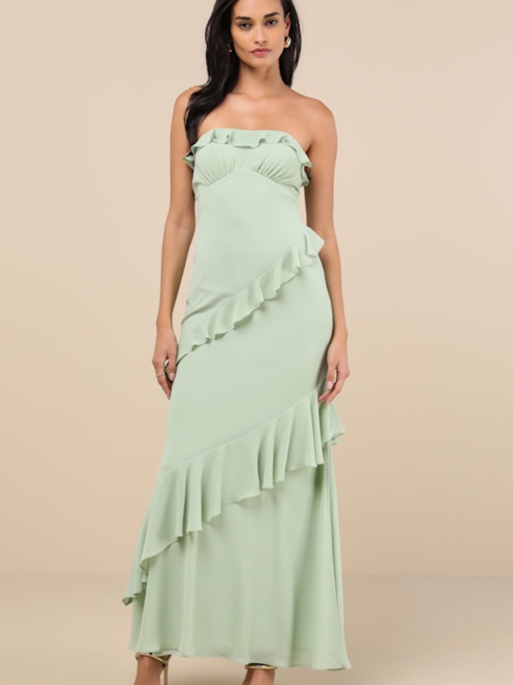 Lulus Dramatic Allure Sage Green Ruffled Cutout Strapless Maxi Dress - Size XL